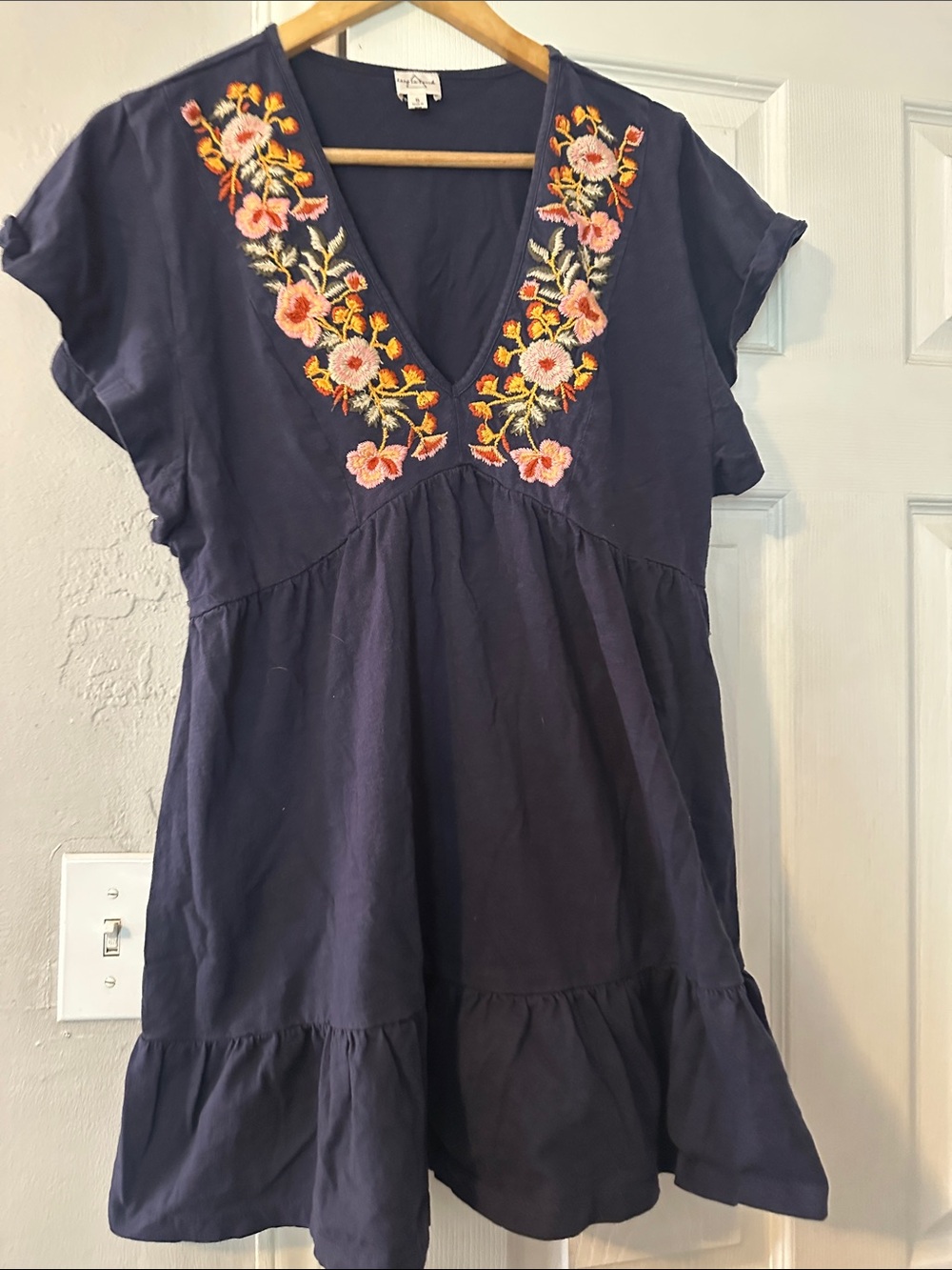 Lucy in the Sky Small Navy Floral Embroidered 100% Cotton Boho Mini Dress